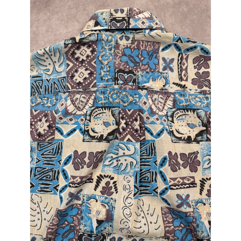 Nui Nalu Mens Blue Tribal Fish Block Print Hawaiian Popover Shirt Large Hawaii - Picture 9 of 10